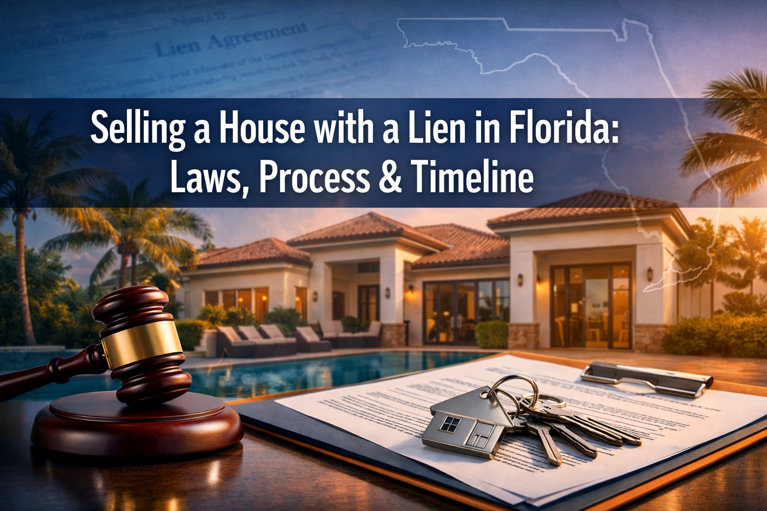 Professional landscape hero image (1536x1024) featuring bold text overlay 'Selling a House with a Lien in Florida: Laws, Process & Timeline'