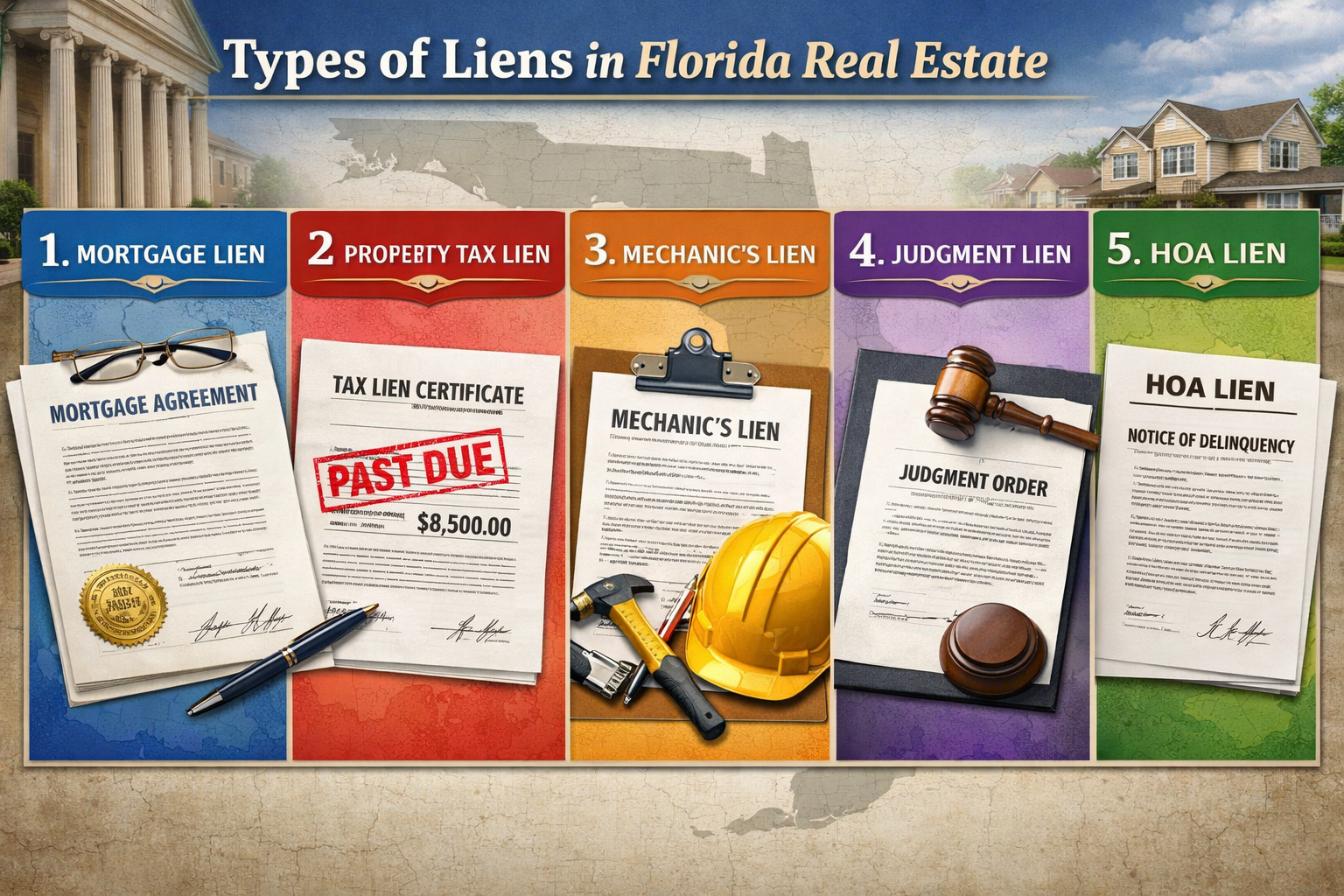 Detailed editorial landscape image (1536x1024) showing comprehensive infographic of different lien types in Florida real estate. Central foc
