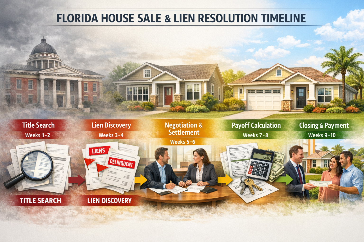 Detailed editorial landscape image (1536x1024) illustrating Florida house sale timeline with lien resolution process. Visual flowchart showi