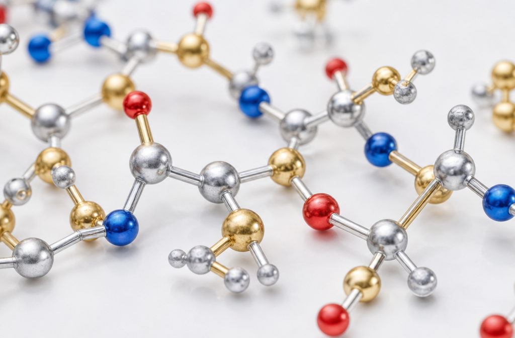 Close-up macro photograph of a molecular model of amino acid chains linked by peptide bonds, rendered in three-dimensional