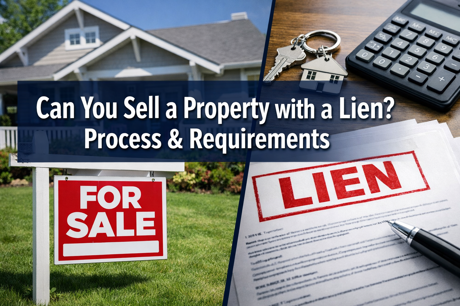 Professional landscape format (1536x1024) hero image featuring bold text overlay 'Can You Sell a Property with a Lien? Process & Requirement