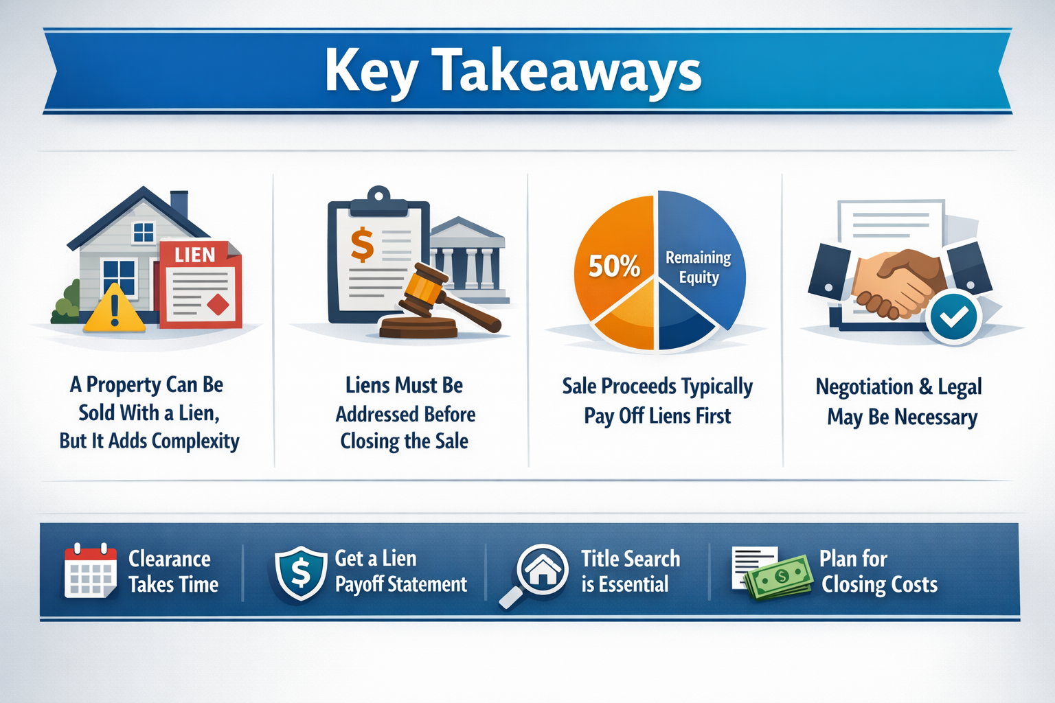 Professional infographic for article "Can You Sell a Property with a Lien? Process & Requirements", section: "Key Takeaways". Include releva