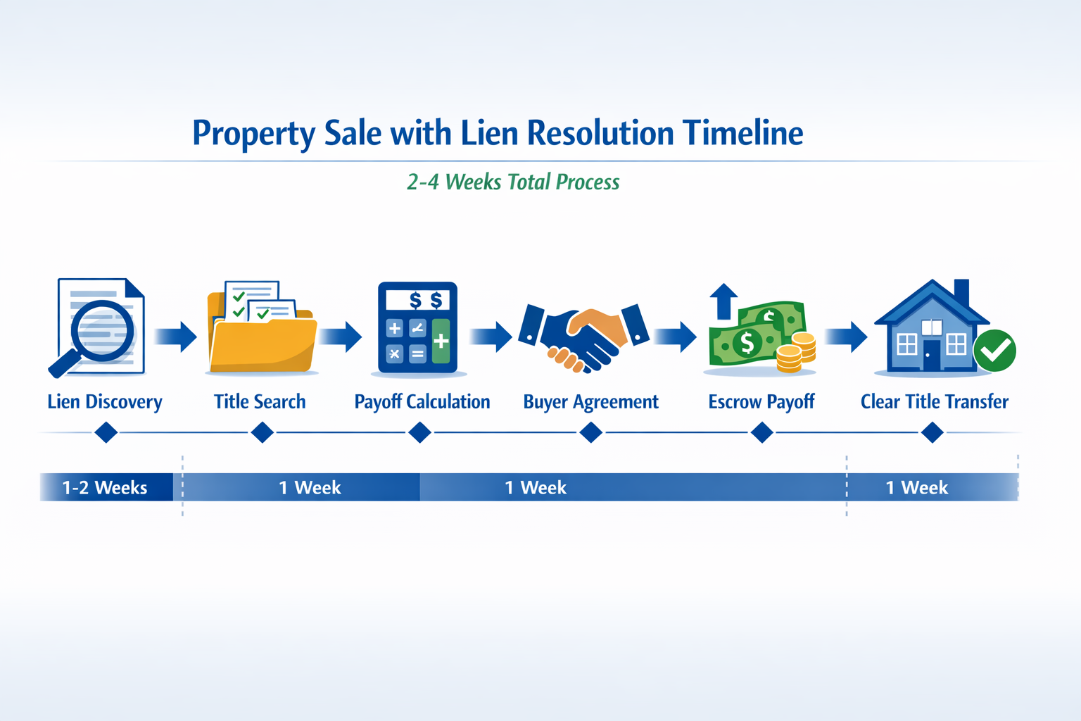 Landscape format (1536x1024) step-by-step process flowchart showing property sale with lien resolution timeline. Visual displays six connect