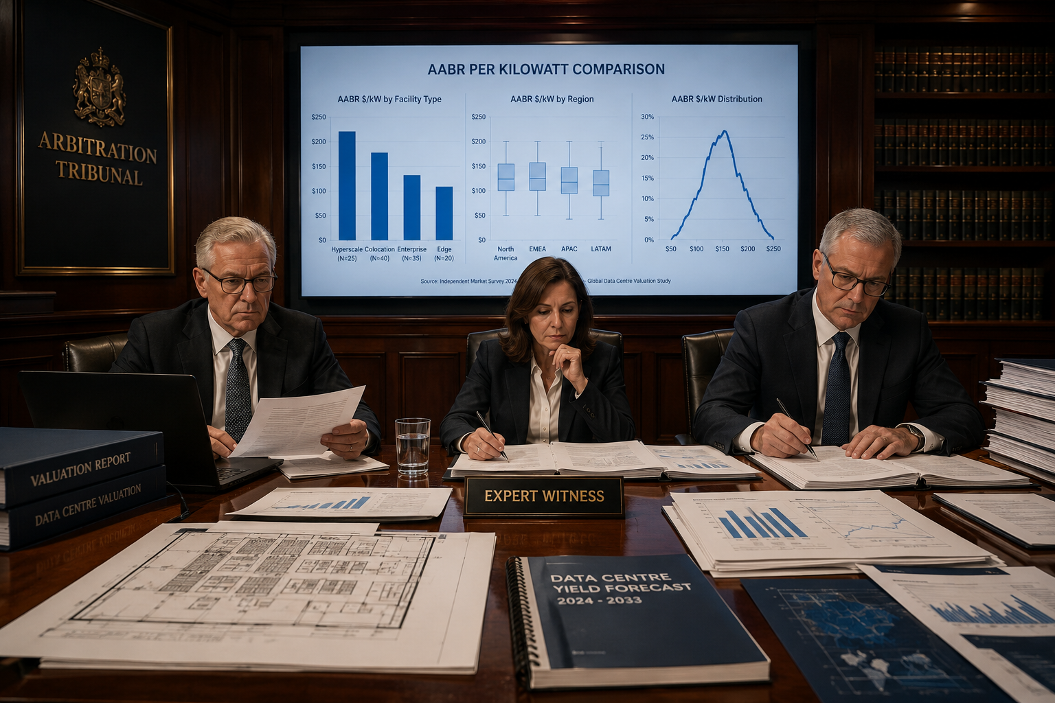 Wide-angle editorial photograph of a formal arbitration tribunal room with three expert witnesses seated at a polished oak