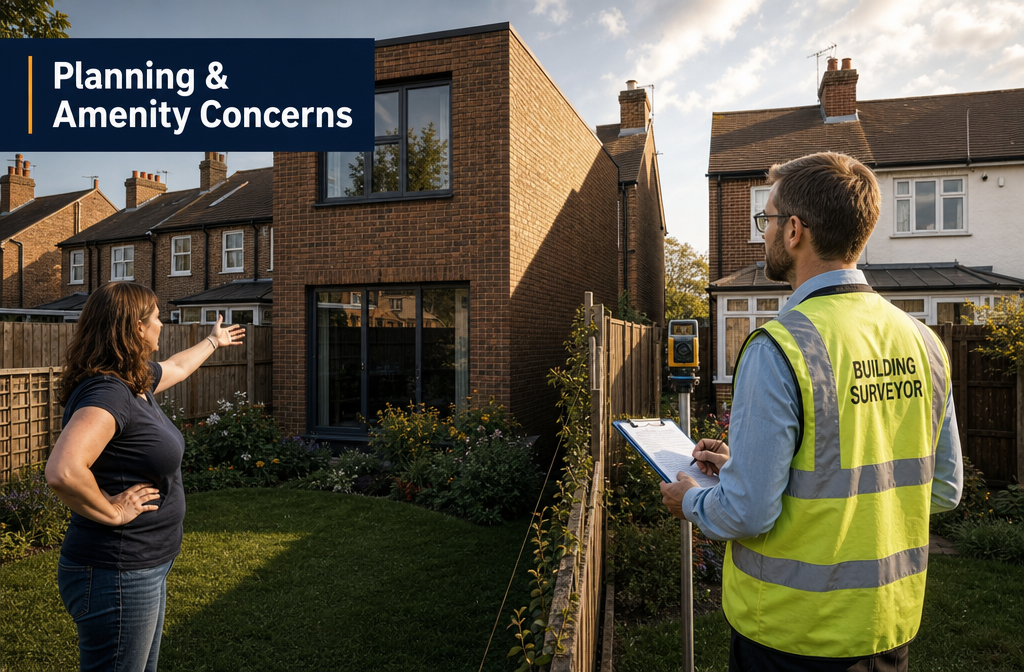 Detailed () editorial illustration showing a split-scene: left side depicts a frustrated homeowner gesturing at a large