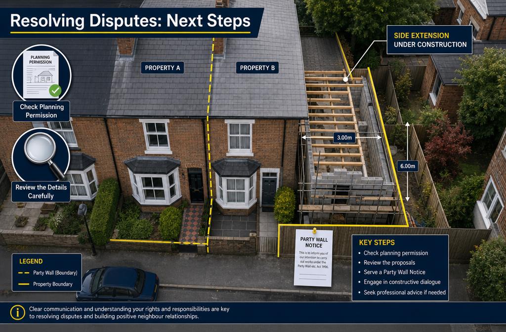 Detailed () bird's-eye aerial view illustration of two adjoining UK terraced properties with a side extension under