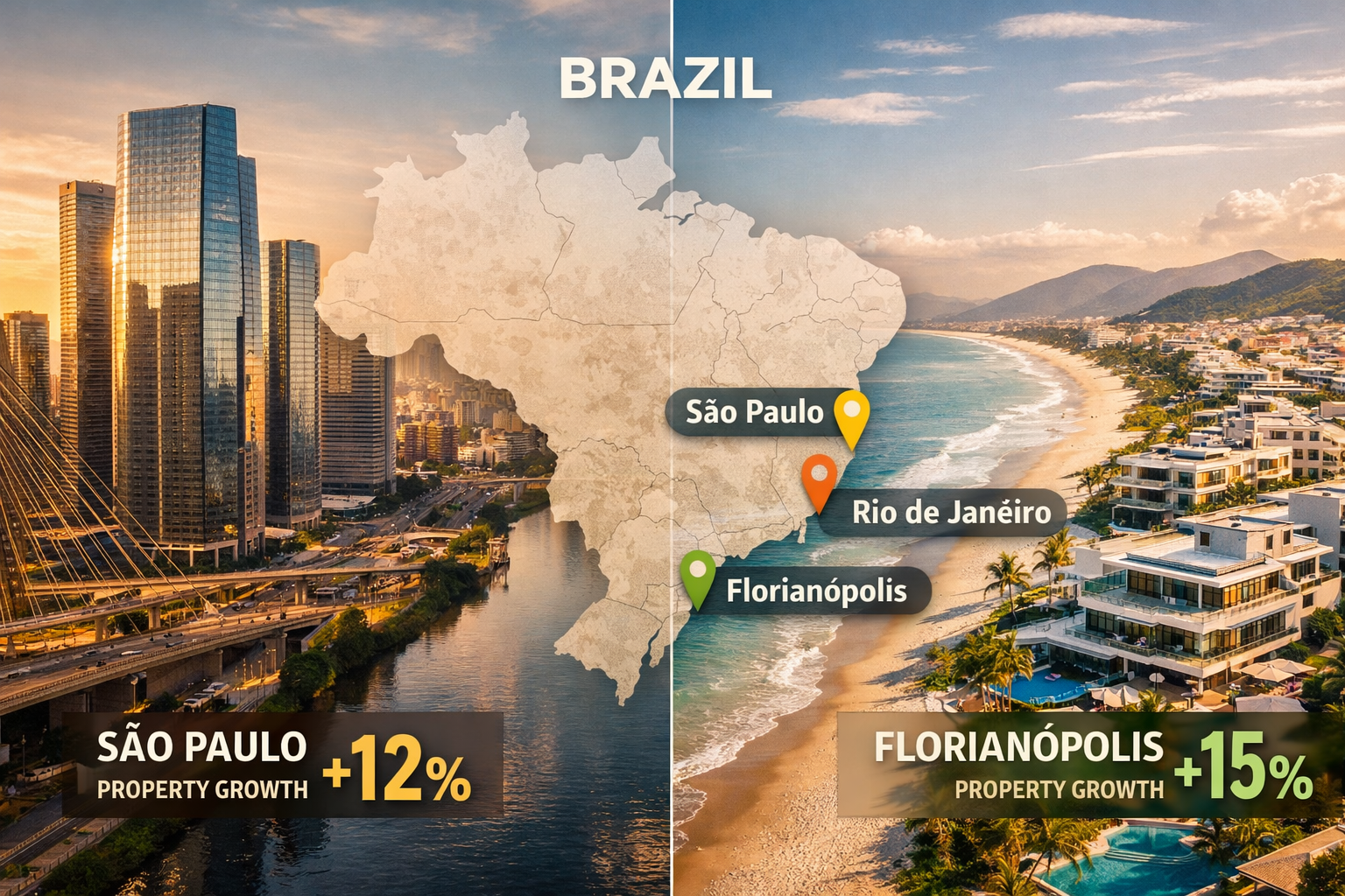 Detailed landscape editorial image (1536x1024) showing split-screen comparison of Brazil's top property investment locations: left side disp