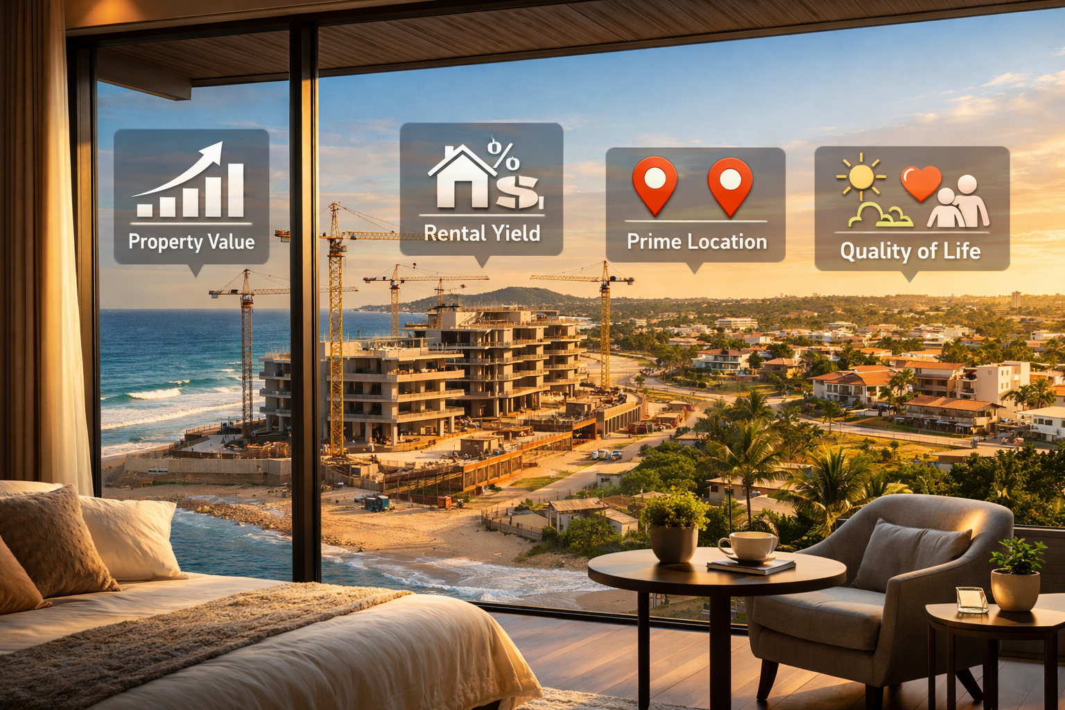 Professional landscape photograph (1536x1024) depicting diverse Brazilian property types and investment opportunities: foreground shows mode