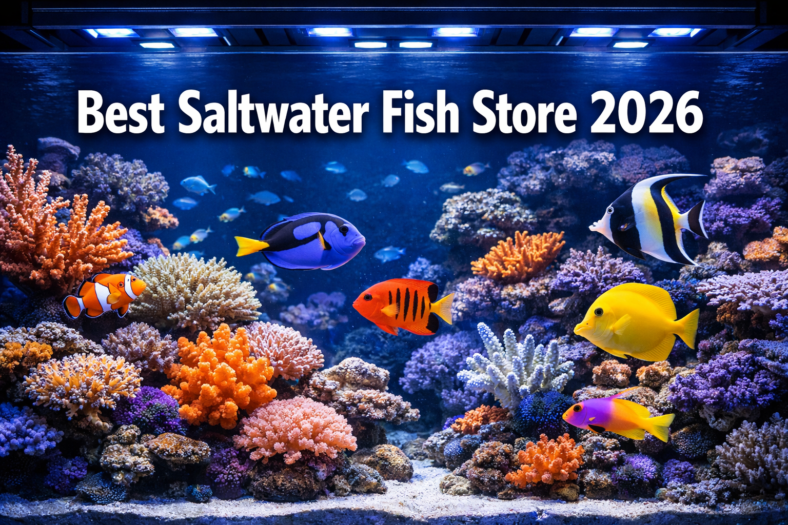 Professional landscape hero image (1536x1024) featuring bold text overlay 'Best Saltwater Fish Store 2026' in extra large 72pt white sans-se