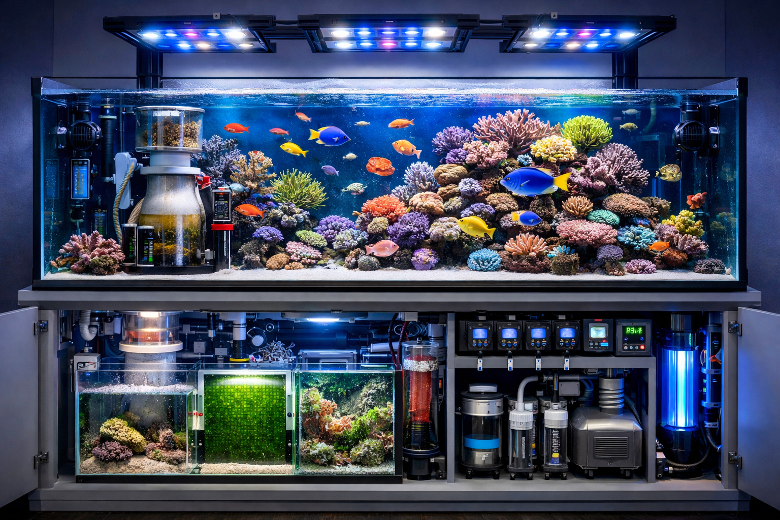 Modern saltwater aquarium setup showcasing advanced LED lighting system illuminating vibrant coral reef, protein skimmer and refugium equipm