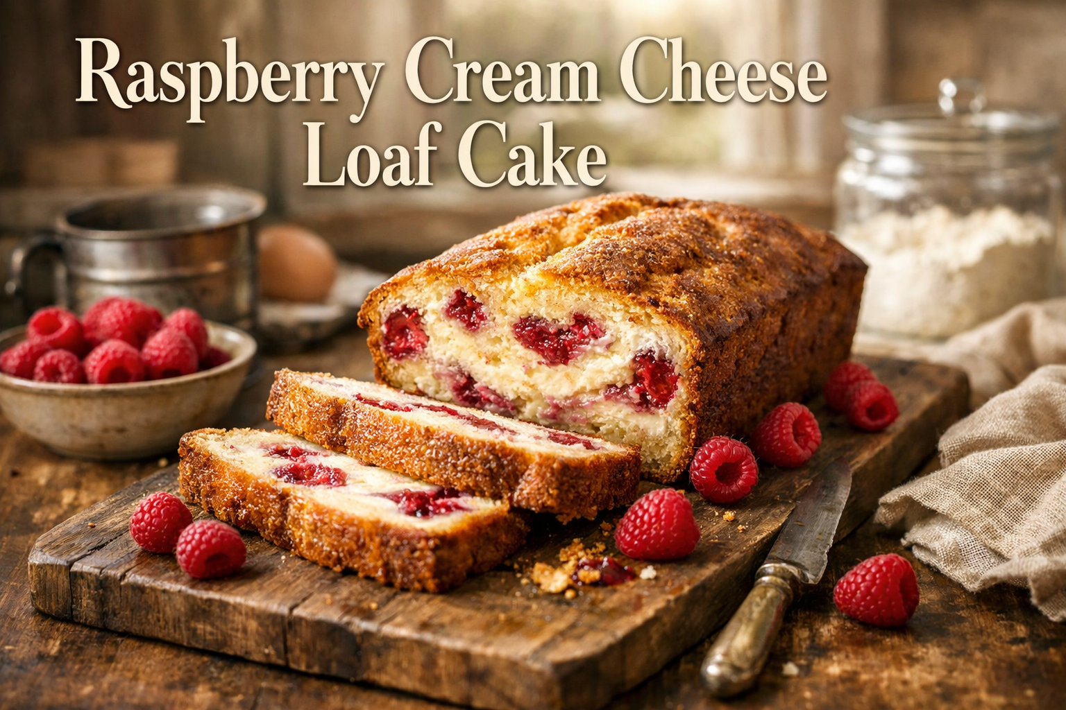Professional landscape hero image (1536x1024) featuring bold text overlay 'Raspberry Cream Cheese Loaf Cake' in extra large 72pt elegant ser