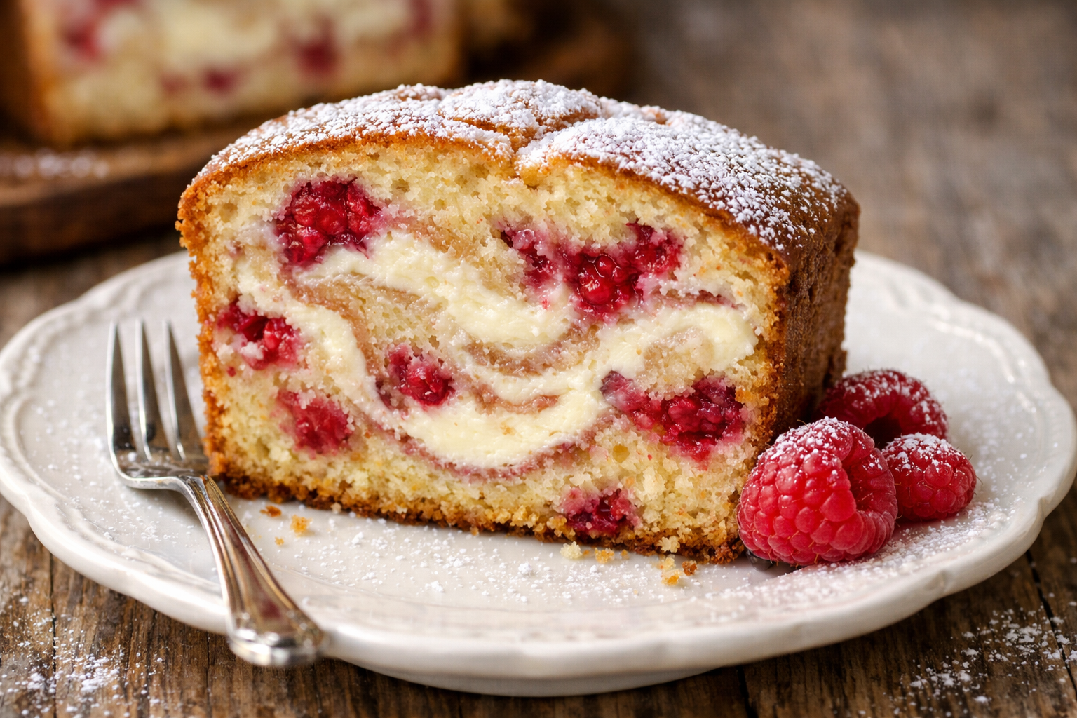 Detailed cross-section view of raspberry cream cheese loaf cake showing marbled cream cheese swirls throughout moist cake crumb, vibrant red