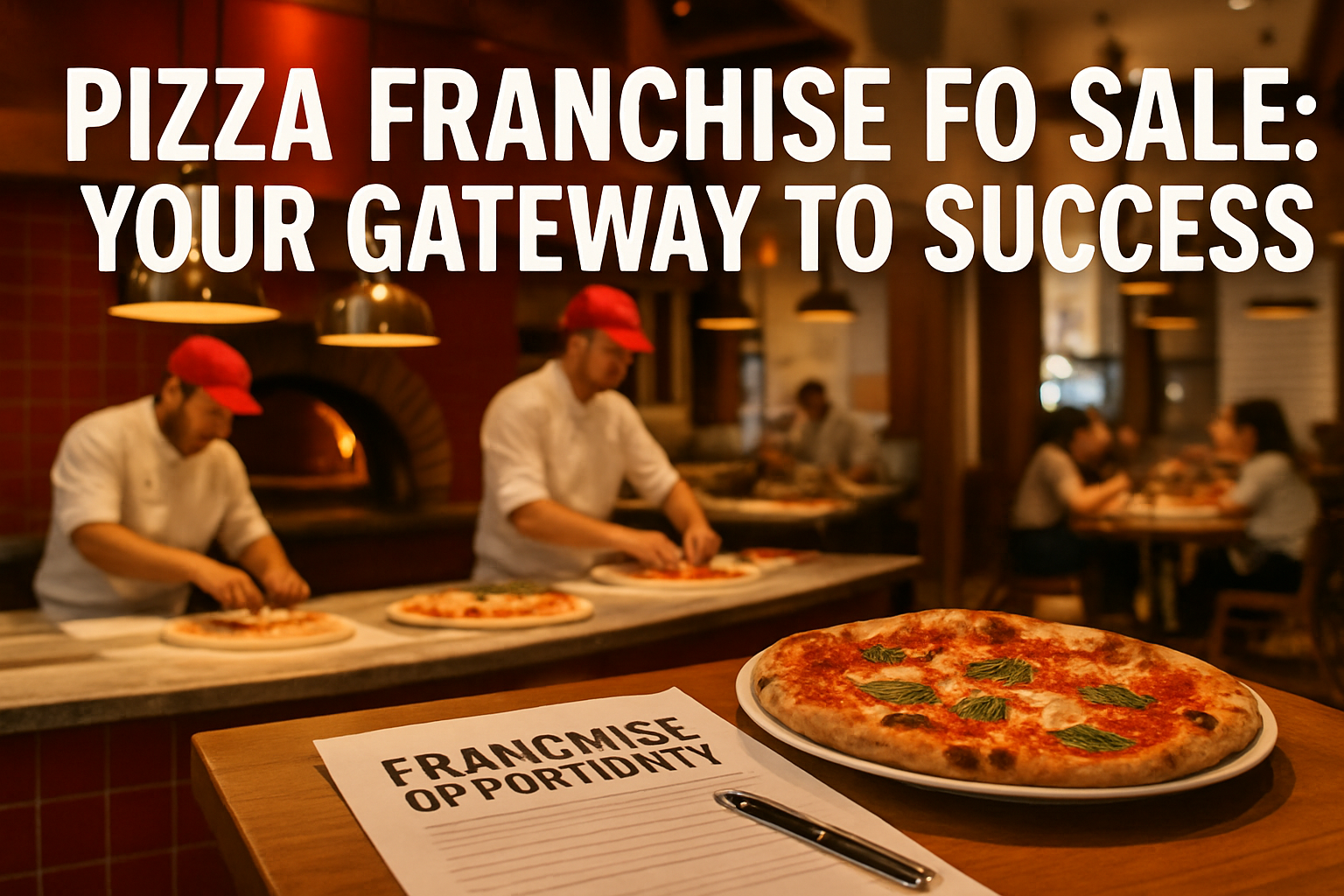 Professional landscape hero image (1536x1024) featuring bold text overlay 'Pizza Franchise for Sale: Your Gateway to Success' in extra large
