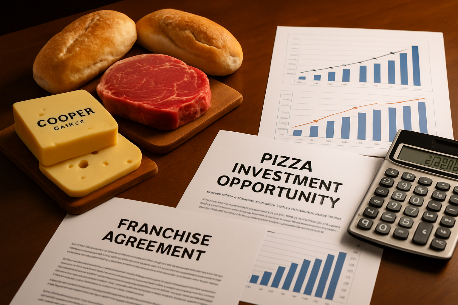 Detailed landscape image (1536x1024) showing pizza franchise investment opportunity with professional business documents, calculator, financ