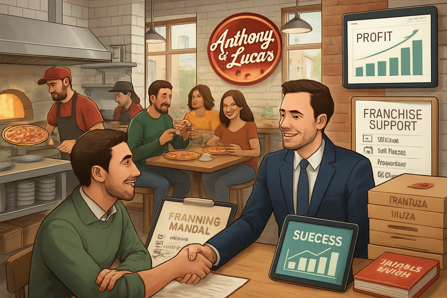 Comprehensive landscape image (1536x1024) showing successful pizza franchise operation with bustling kitchen, satisfied customers, profit ch