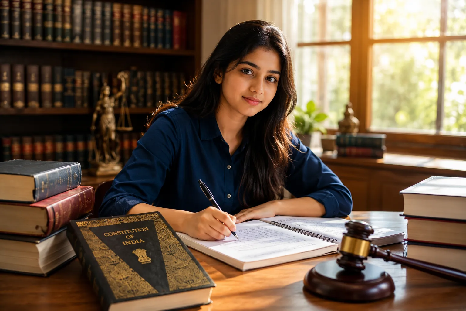Editorial () hero image for BA LLB course article. A confident young Indian woman in her late teens sits at a sunlit wooden