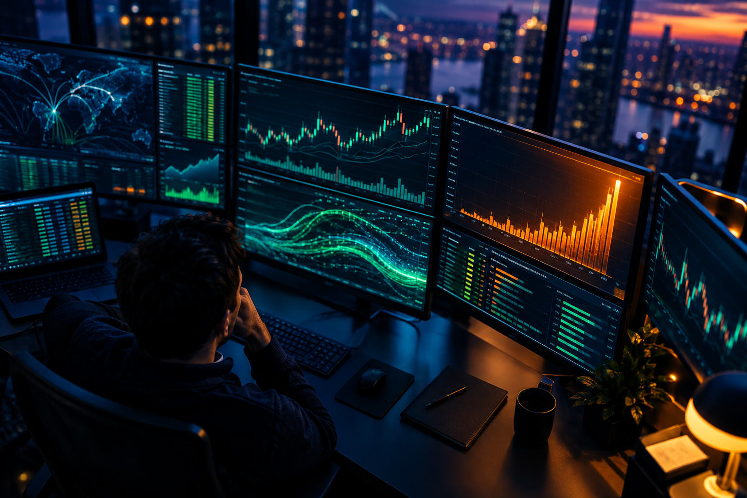 Editorial finance , landscape : a dramatic overhead shot of a trading desk at dusk with multiple monitors glowing in navy