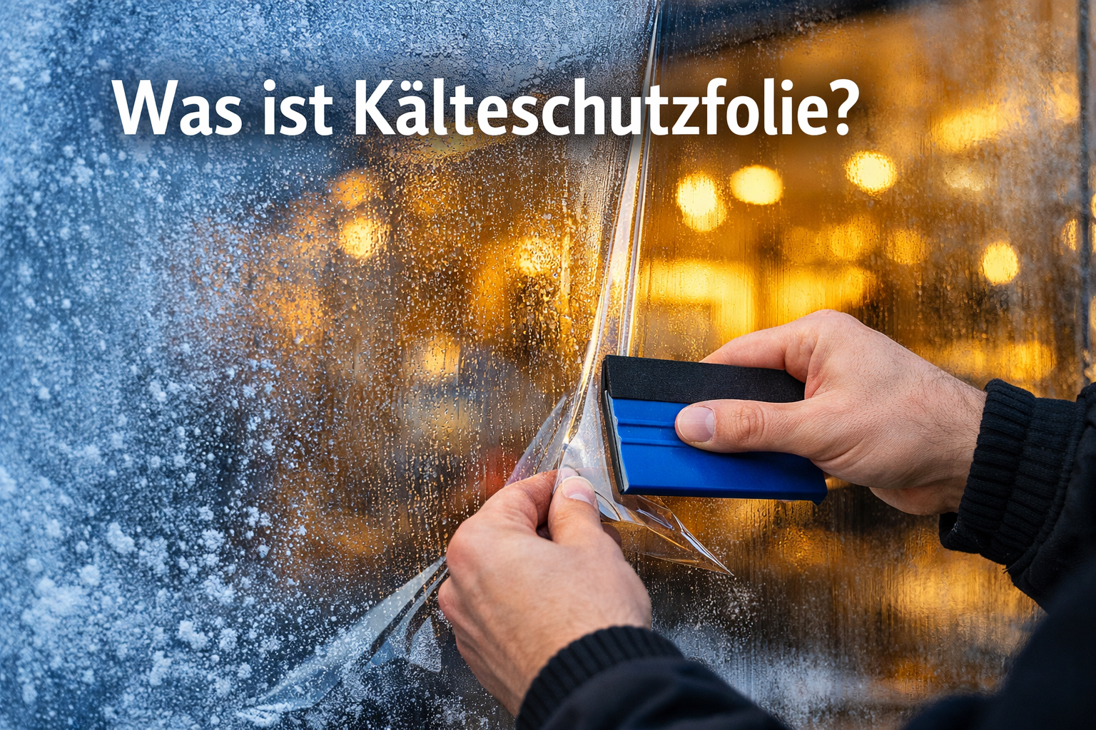 () editorial image showing a close-up of transparent Kälteschutzfolie being carefully applied to a large shop window in