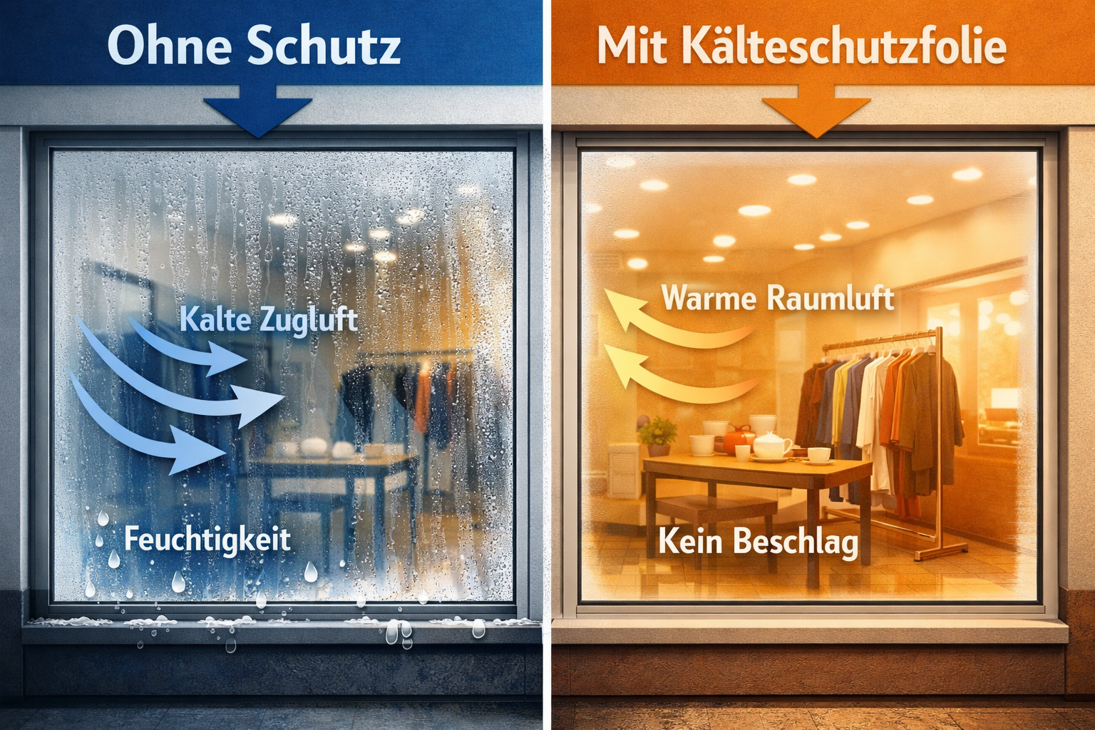 () split-composition image: left side shows a Gevelsberger Ladenlokal window WITHOUT Kälteschutzfolie with visible