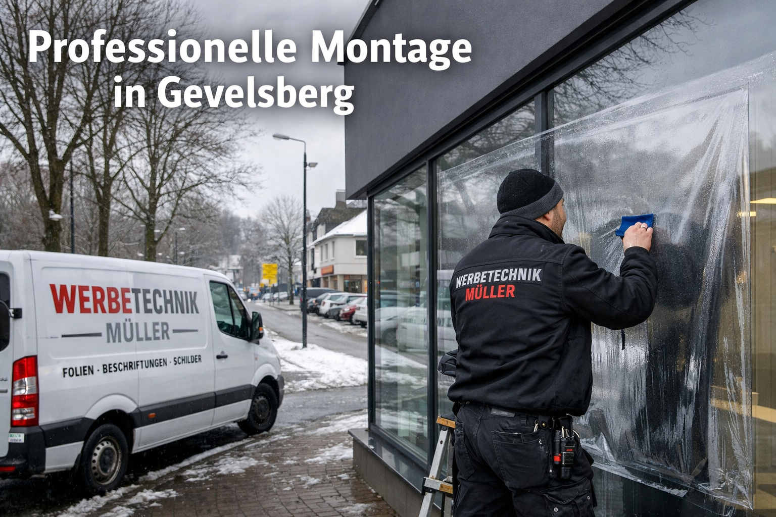 () image of a professional Werbetechnik technician in branded work clothing applying Kälteschutzfolie to a commercial