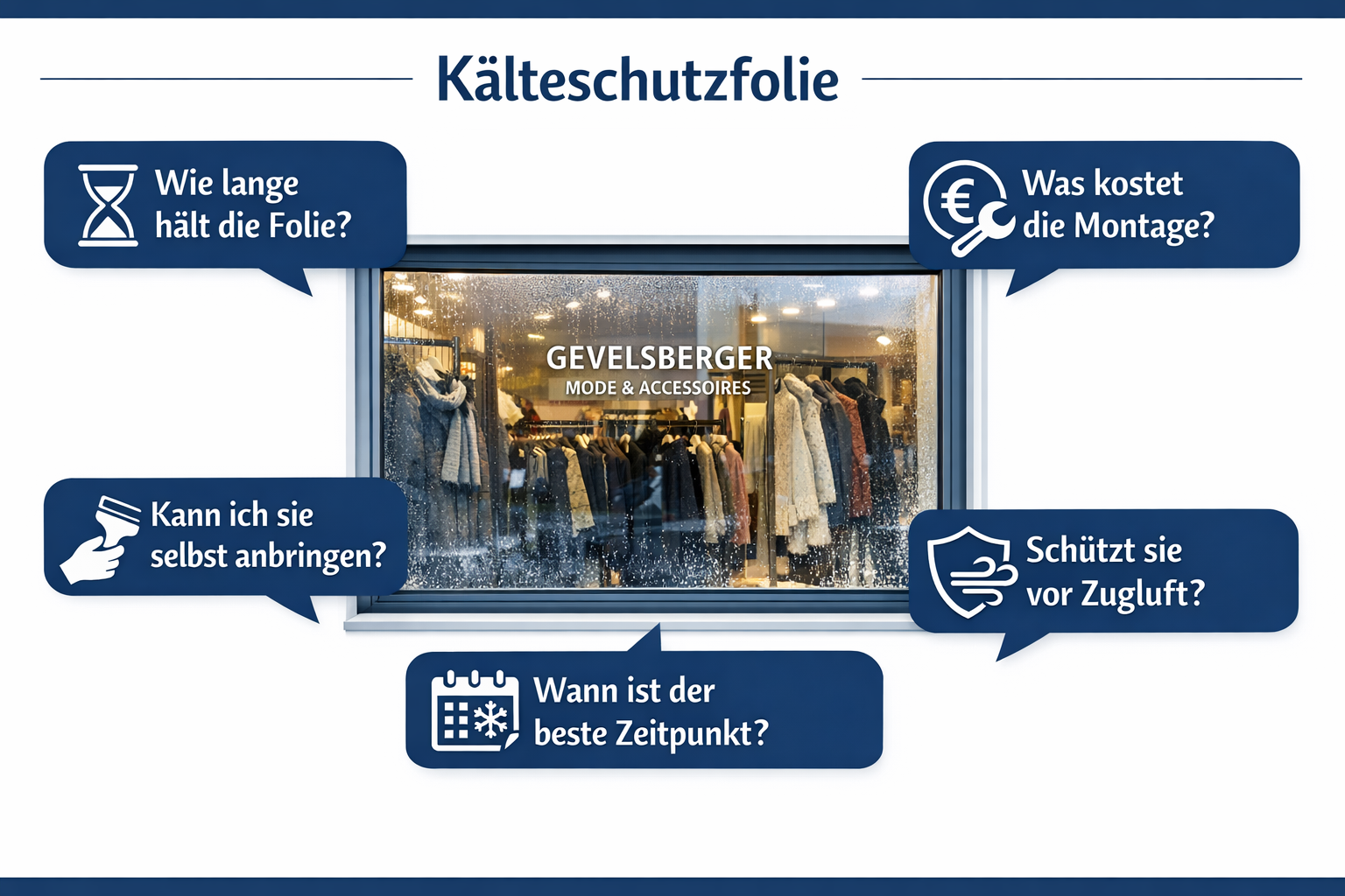 () visual FAQ-style infographic layout showing five common questions about Kälteschutzfolie in German text bubbles arranged