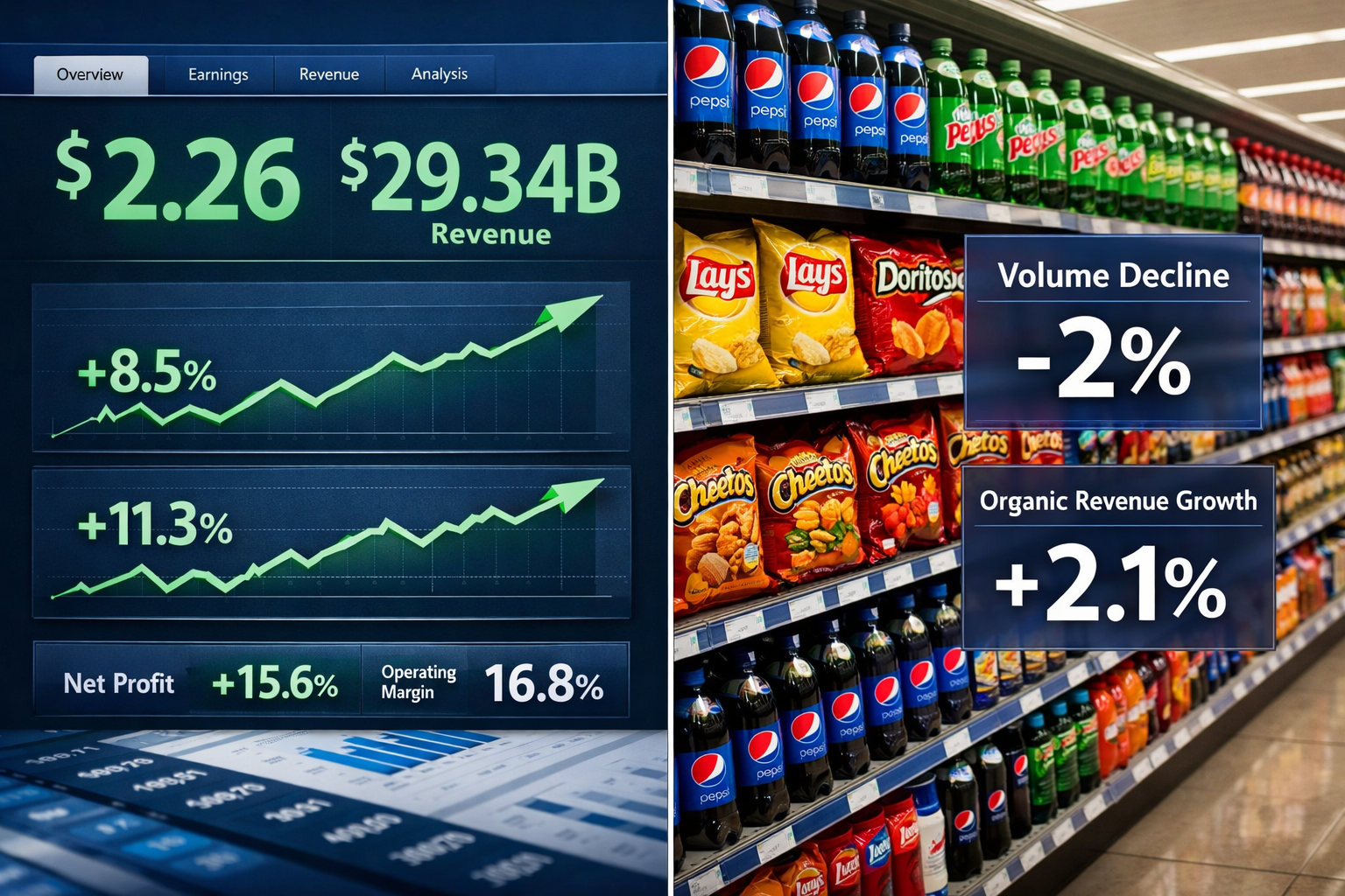 Detailed landscape format (1536x1024) image showing split-screen composition: left side displays financial performance dashboard with large 
