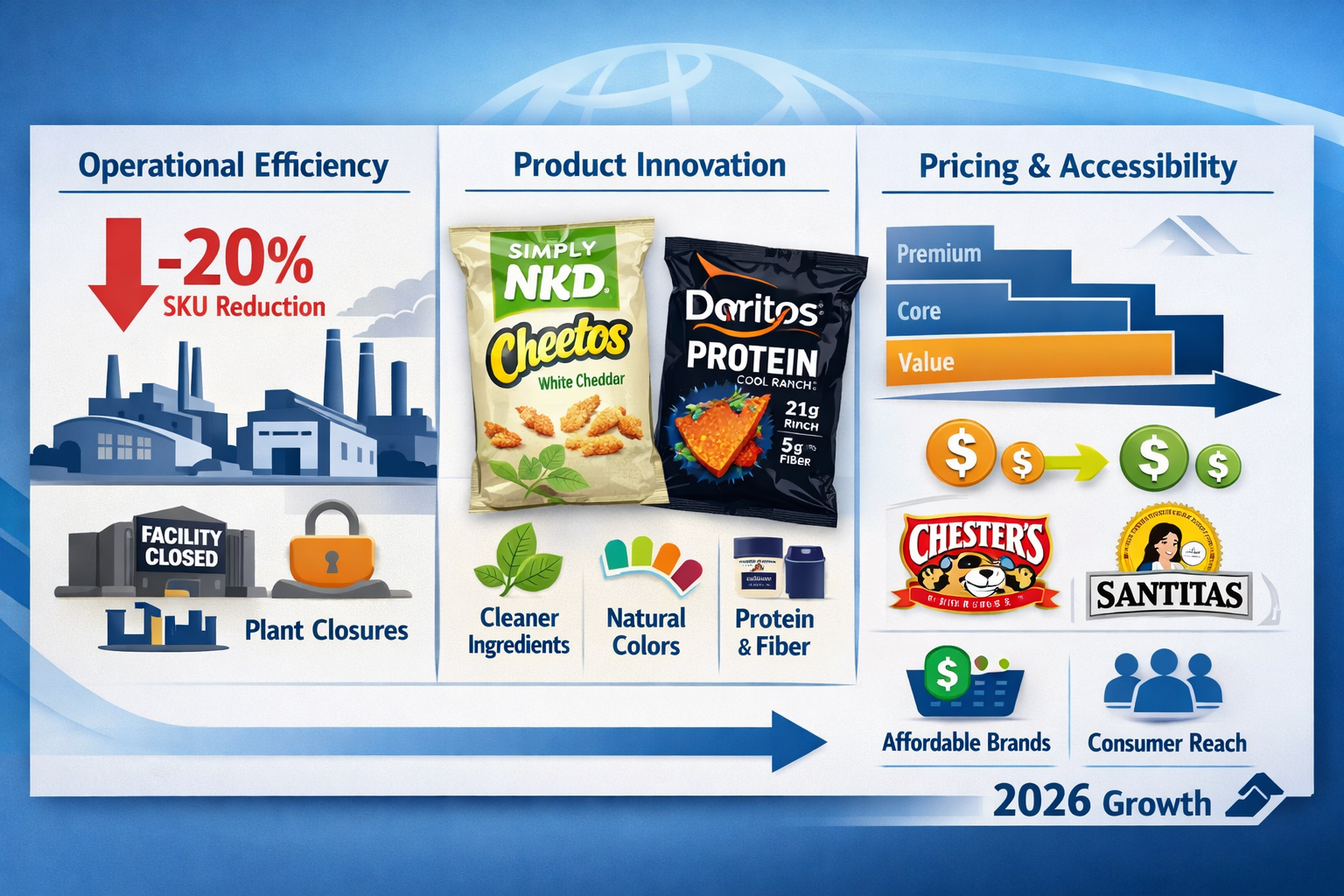Comprehensive landscape format (1536x1024) strategic business transformation visualization showing three-panel infographic layout. Left pane