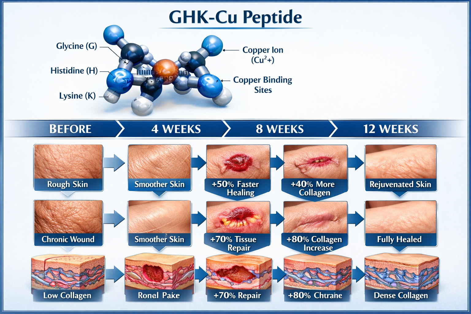 Detailed infographic showing GHK-Cu peptide molecular structure with copper ion binding sites, illustrated in 3D rendering style with blue a