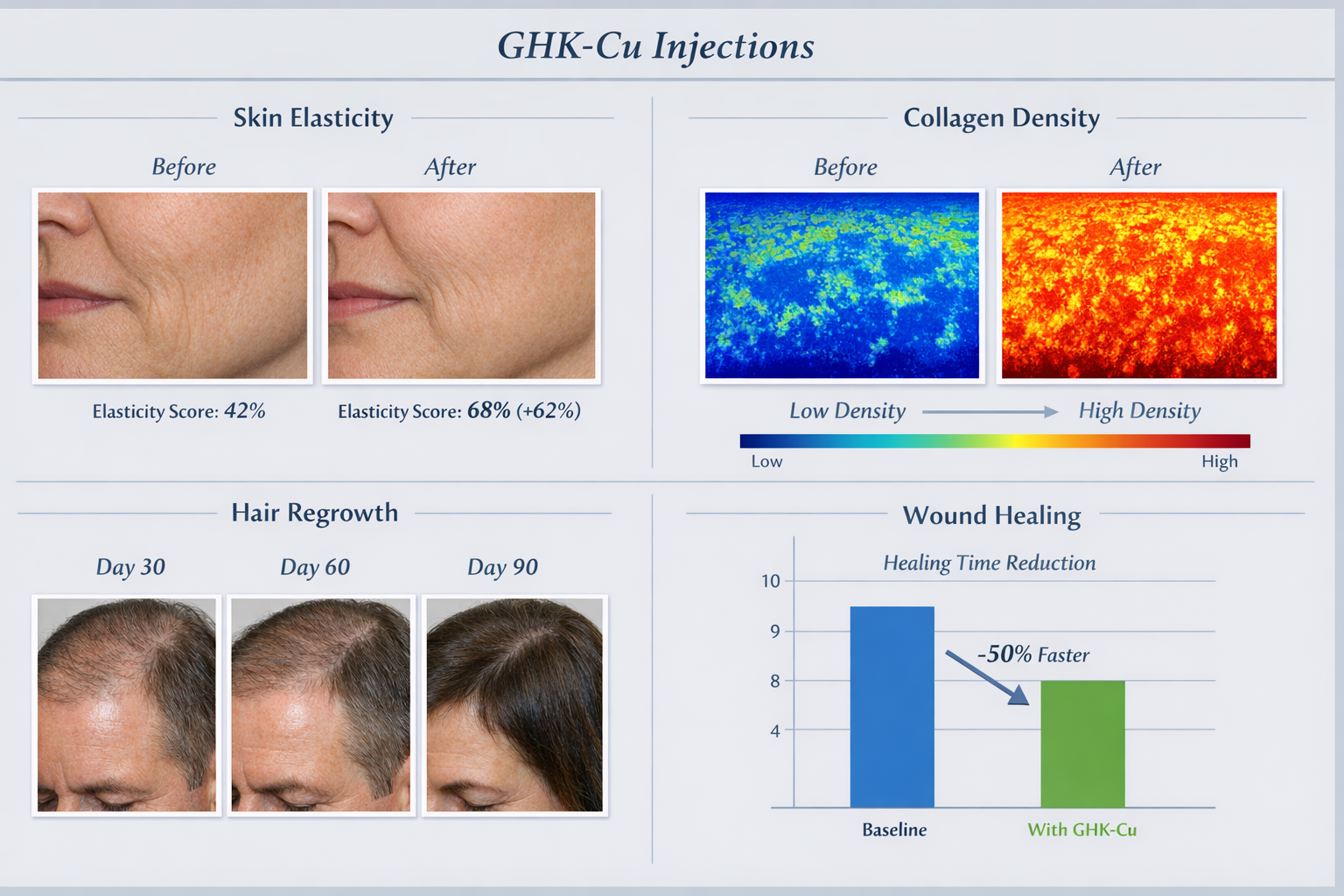 Split-screen comparison chart displaying GHK-Cu injection results across multiple categories: skin elasticity measurements with percentage i