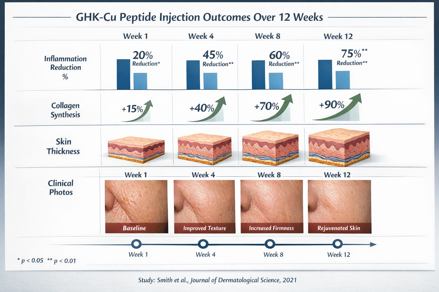 Evidence-based results timeline showing GHK-Cu peptide injection outcomes across 12-week period with weekly milestone markers. Visual includ