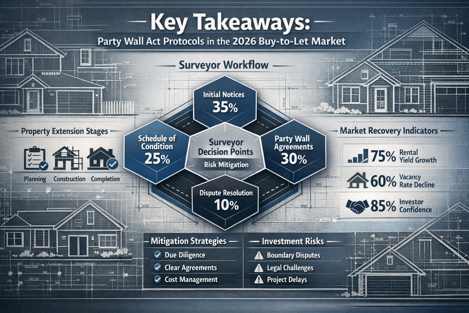 Comprehensive editorial infographic visualizing 'Key Takeaways' for Party Wall Act protocols in 2026 buy-to-let market,