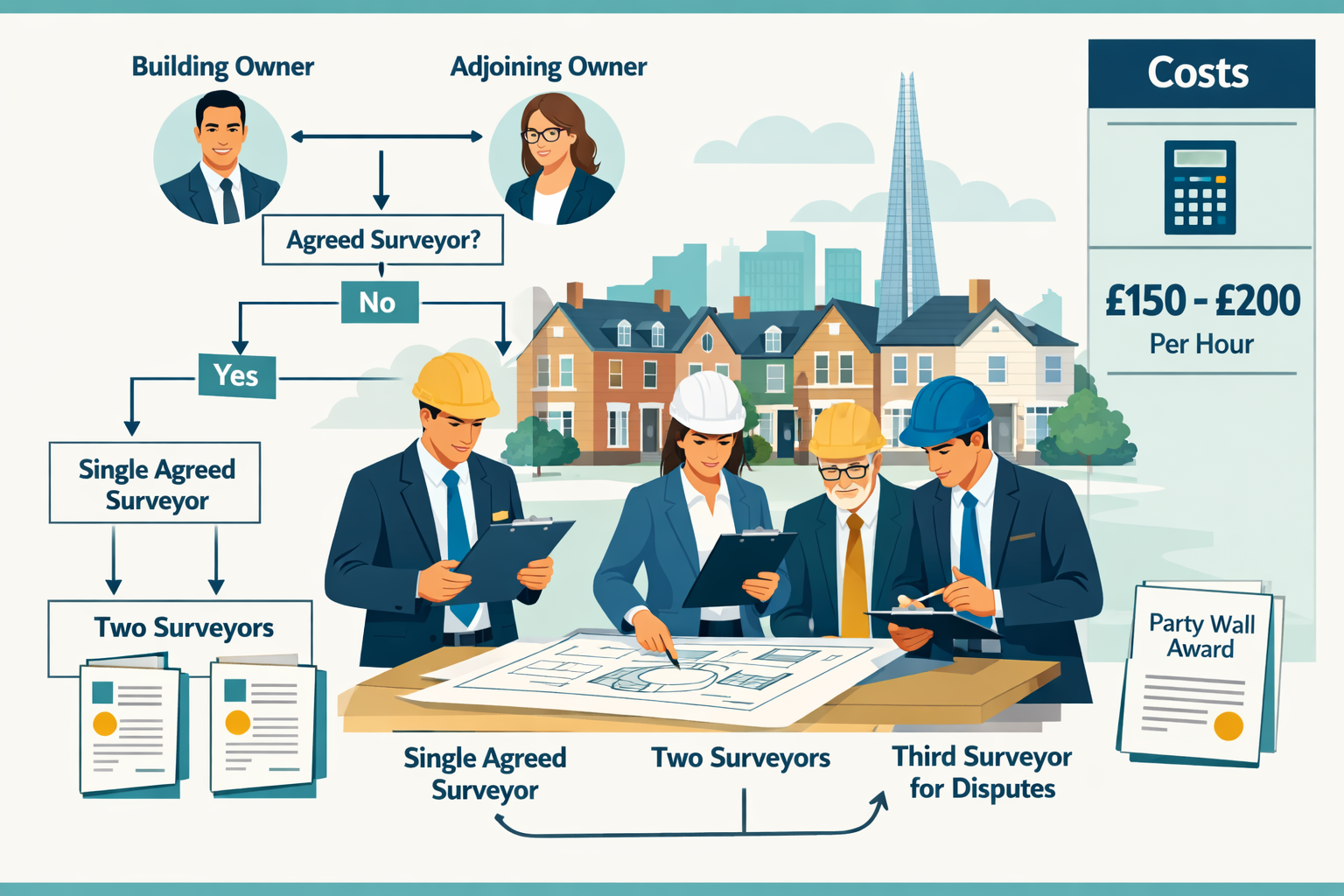 () professional scene showing surveyor appointment protocol workflow: left side displays building owner and adjoining owner