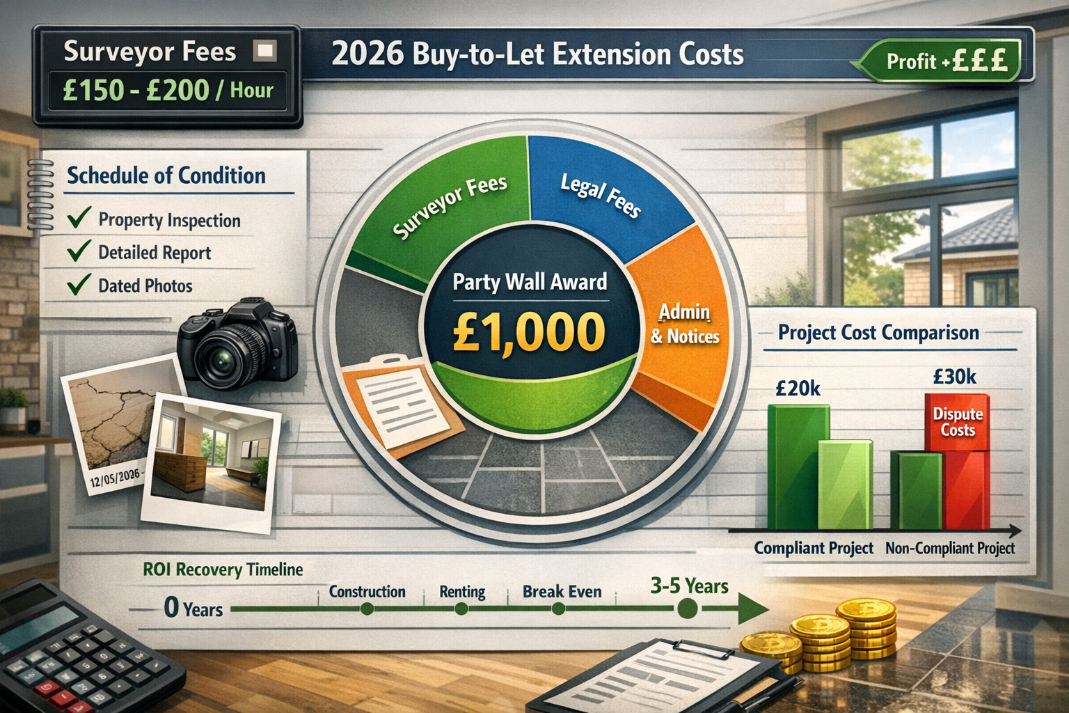() detailed cost breakdown visualization for 2026 buy-to-let extension projects: central pie chart showing Party Wall Award