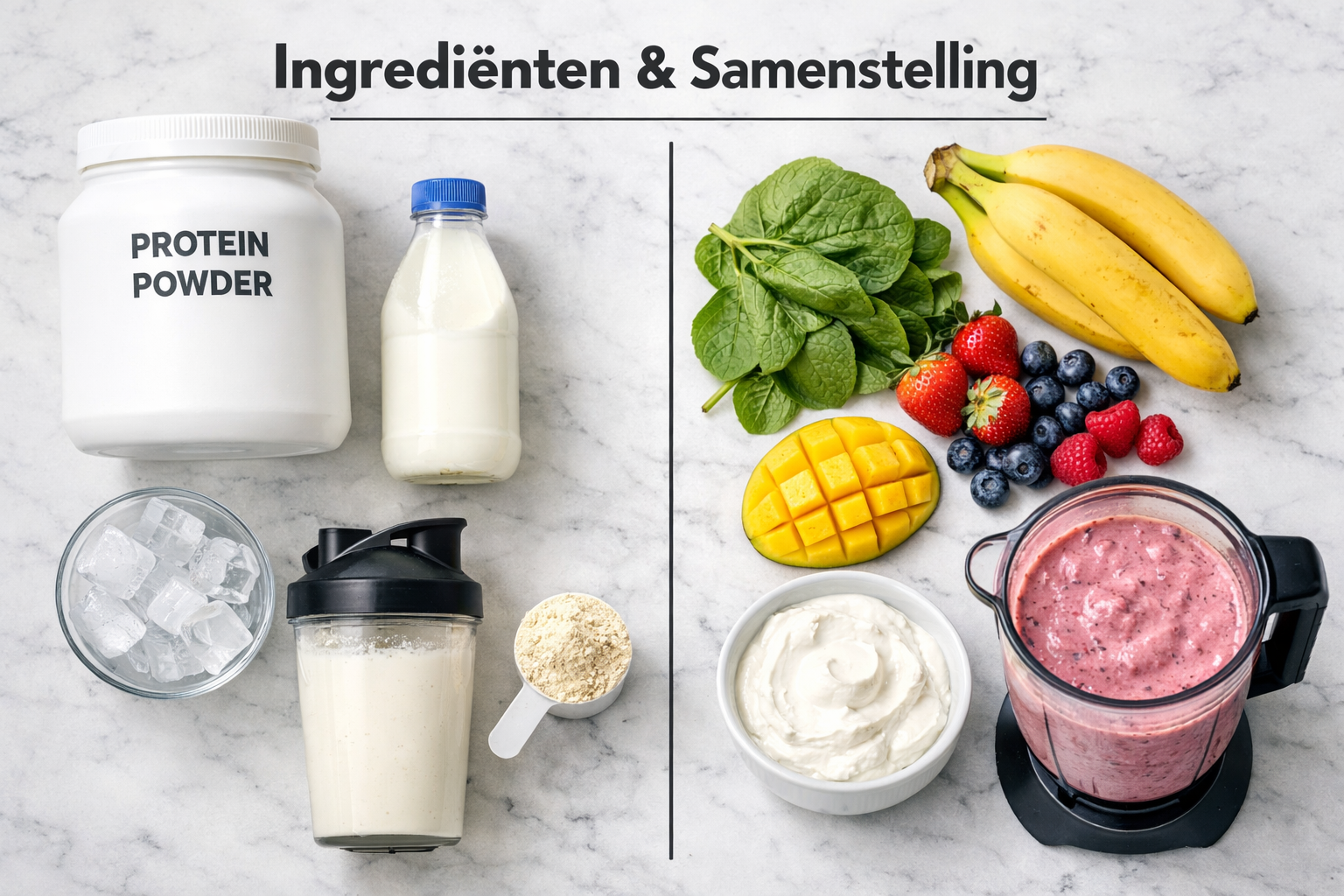Detailed editorial photograph (1536x1024) showing side-by-side comparison of shake versus smoothie ingredients and preparation. Left side: p