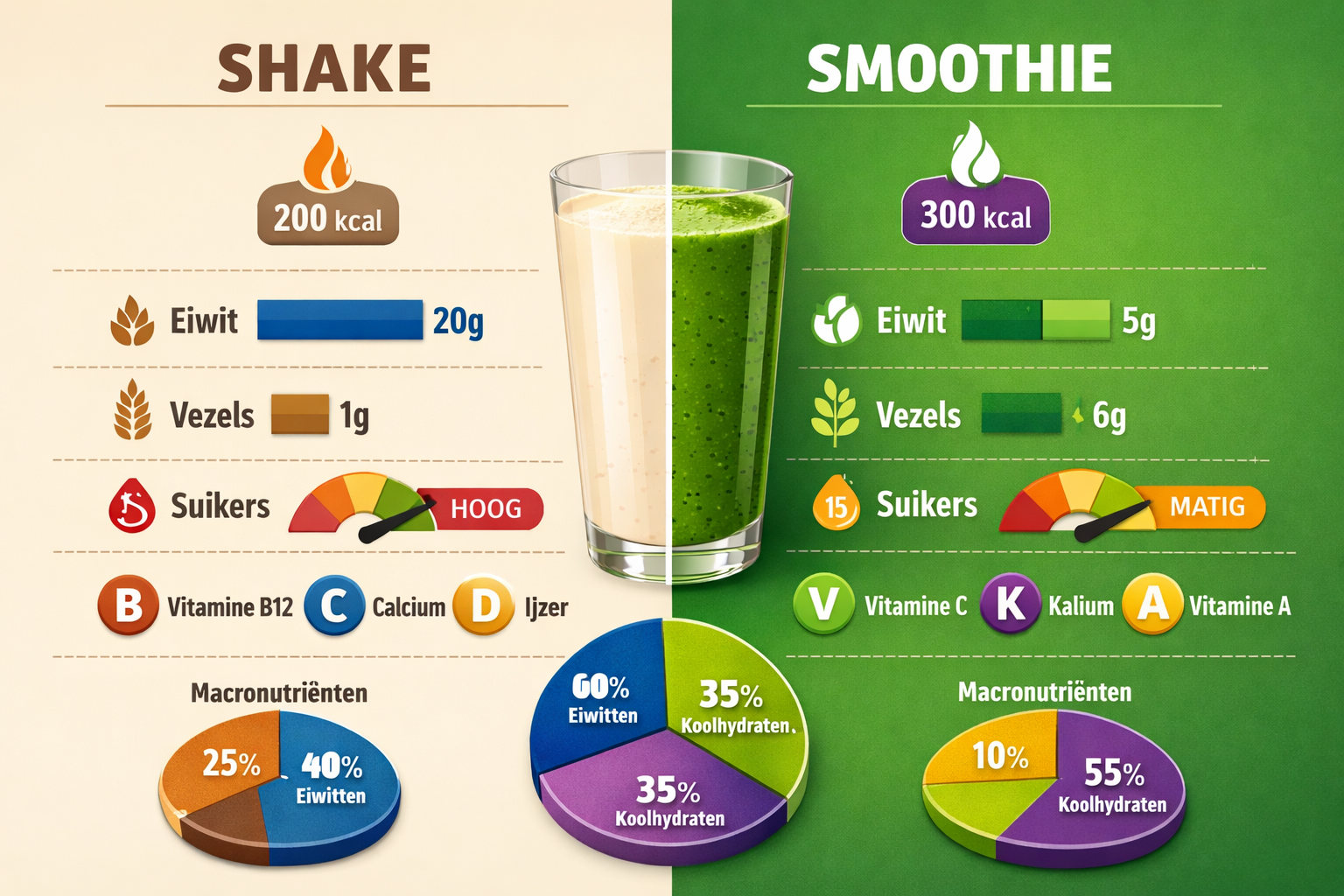 Professional infographic-style image (1536x1024) displaying nutritional comparison chart between shakes and smoothies. Split screen design w