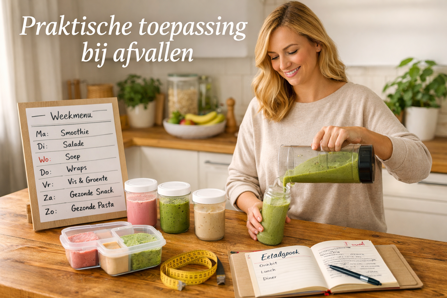 Lifestyle editorial photograph (1536x1024) showing real-world usage scenarios for shakes and smoothies in weight loss context. Composition i