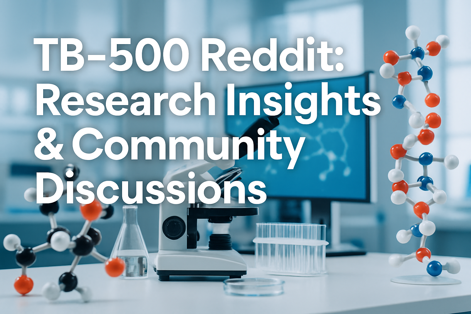 Professional landscape hero image (1536x1024) featuring bold text overlay 'TB-500 Reddit: Research Insights & Community Discussions' in extr