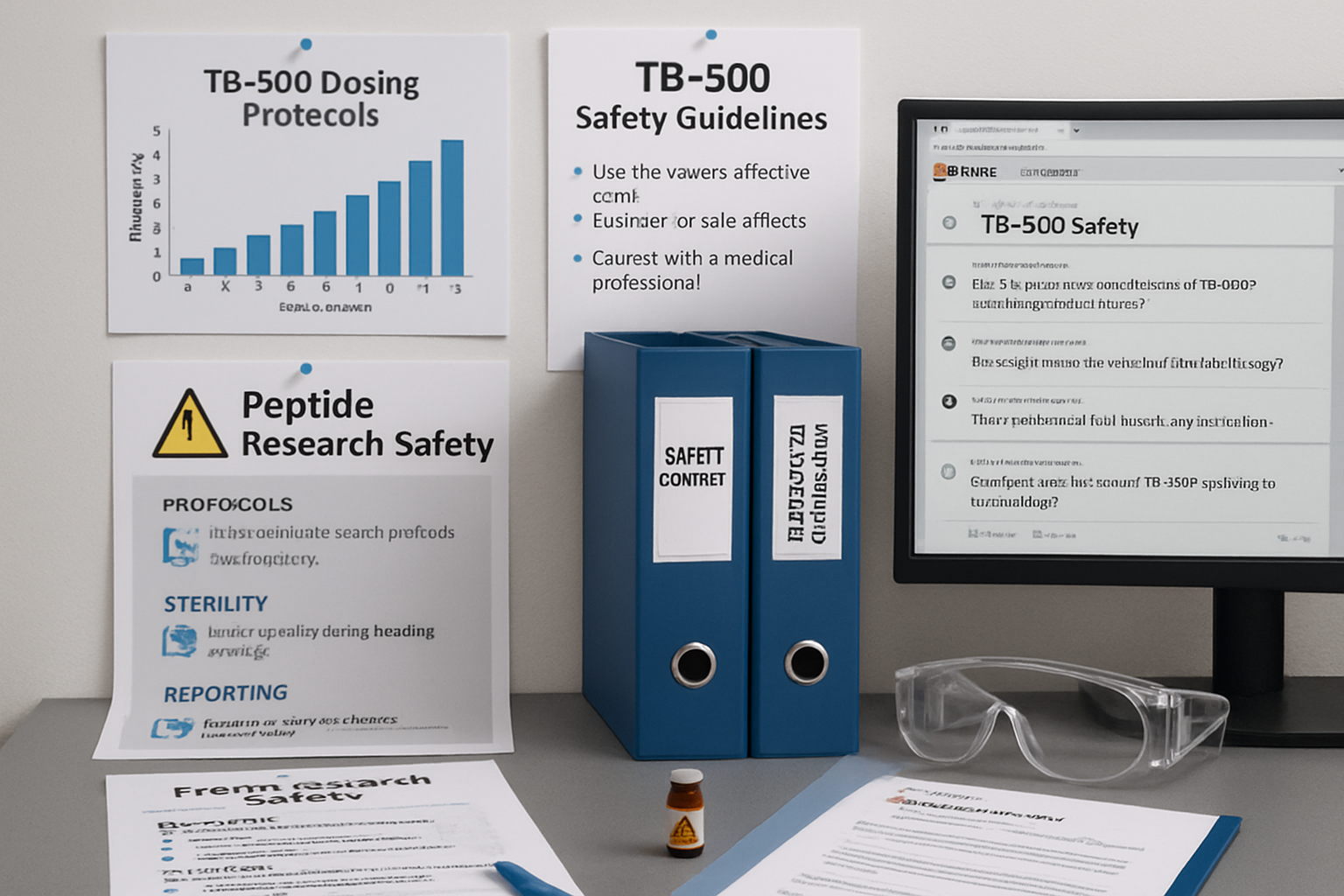 Professional research setting displaying comparison charts of TB-500 dosing protocols, safety guidelines documentation, regulatory complianc