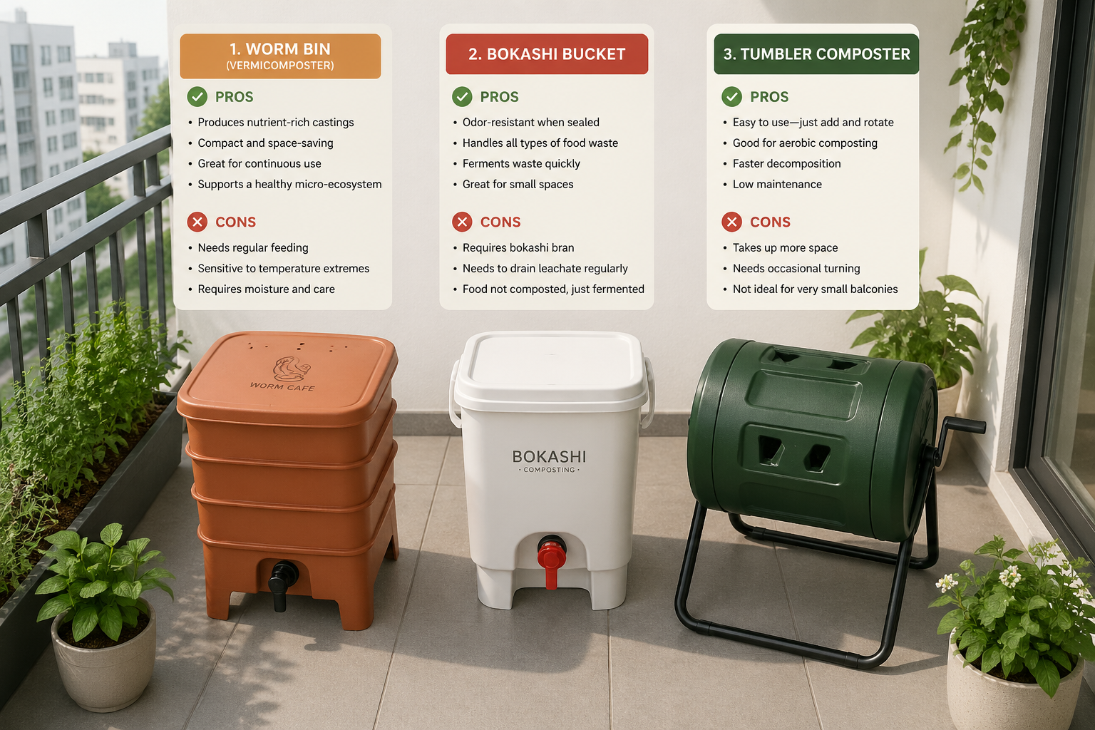 () editorial illustration showing a side-by-side comparison of three balcony composting systems: a compact worm bin