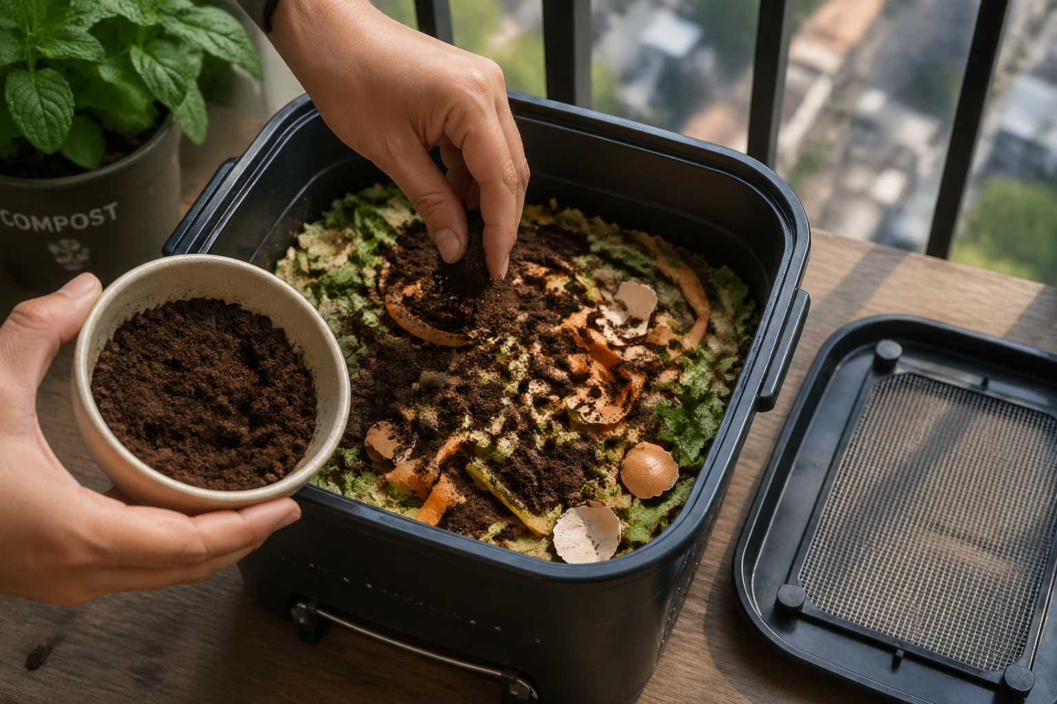 () close-up overhead shot of hands layering compostable kitchen scraps — coffee grounds, vegetable peels, eggshells — into a