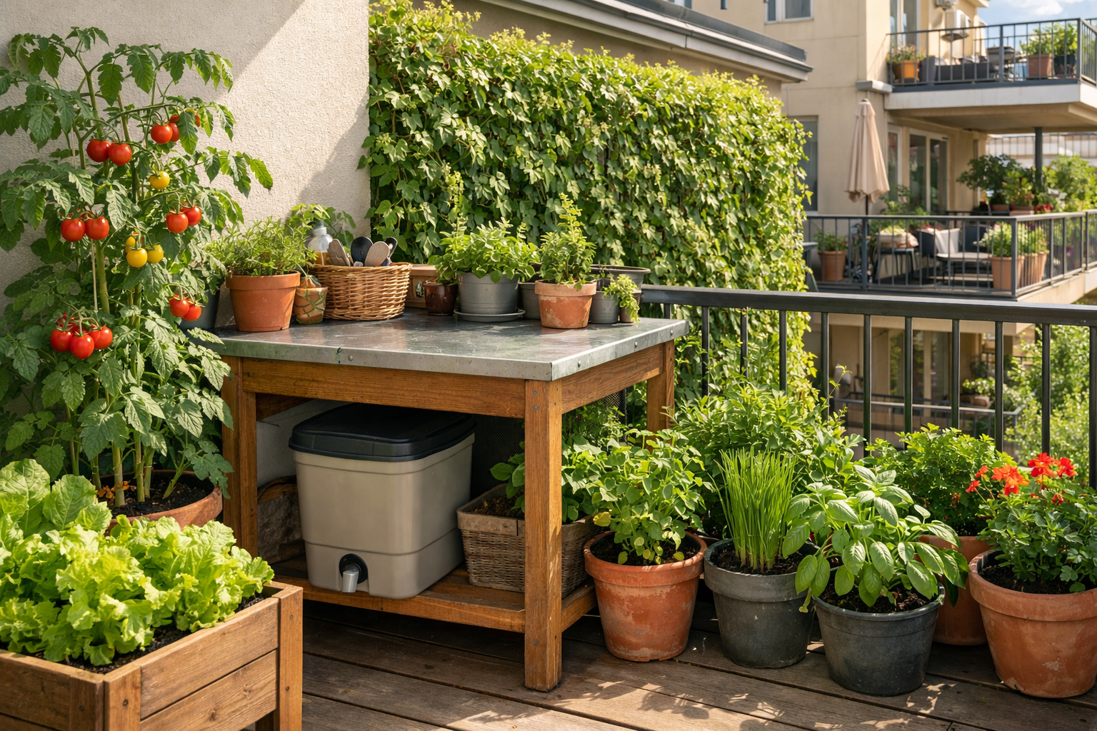 () wide-angle view of a well-organized small apartment balcony showing a discreet bokashi bucket tucked under a potting