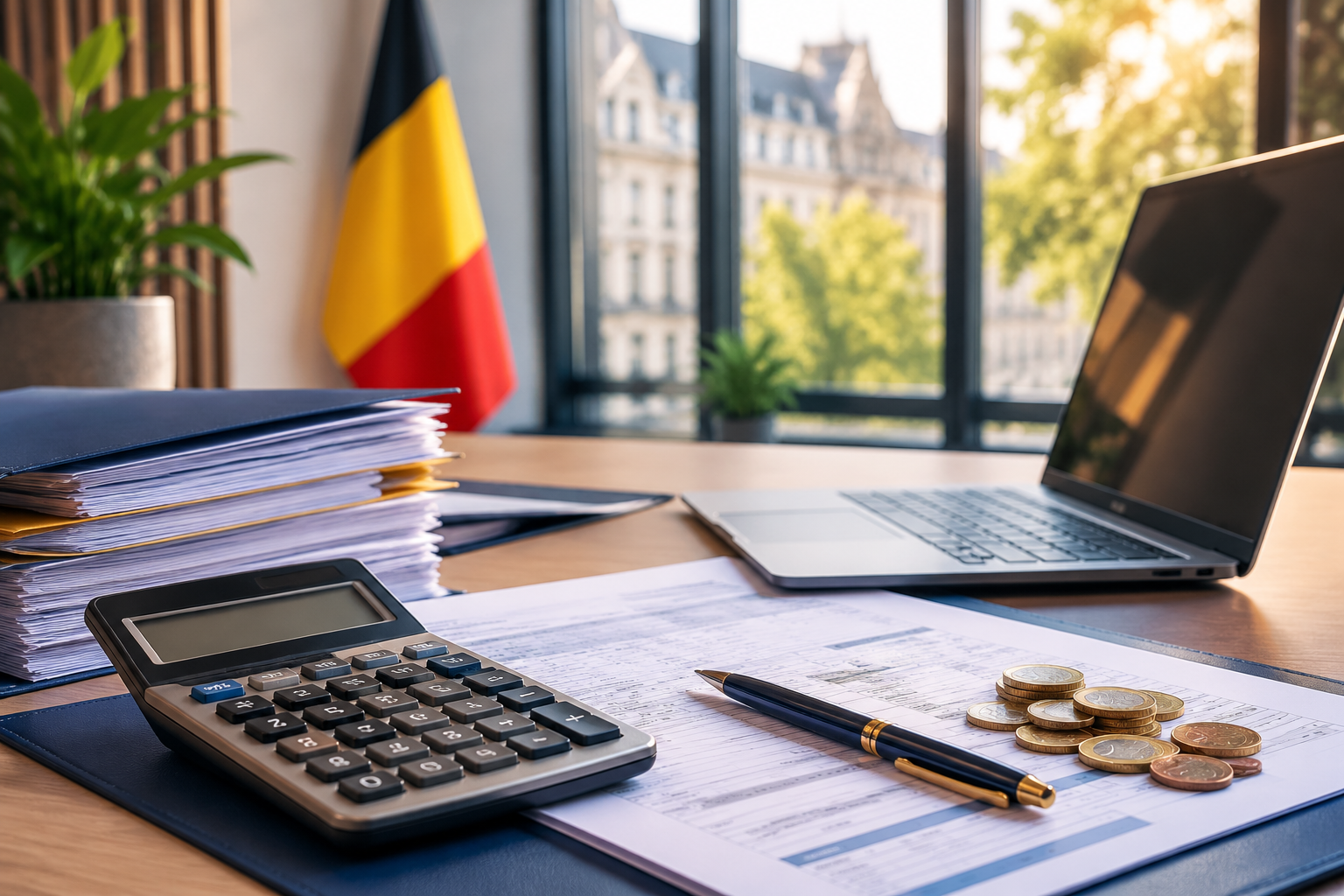 Bureau met een rekenmachine, een factuur, euromunten en een Belgische vlag, symbool voor de kosten van een publicatie in het Belgisch Staatsblad