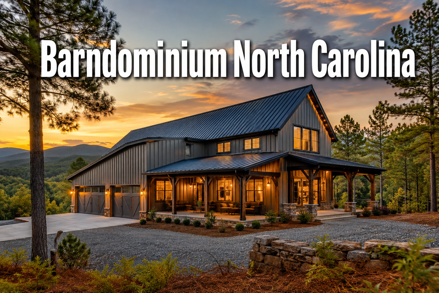 Professional () hero image with : 'Barndominium North Carolina' in extra large white with dark drop , centered in upper