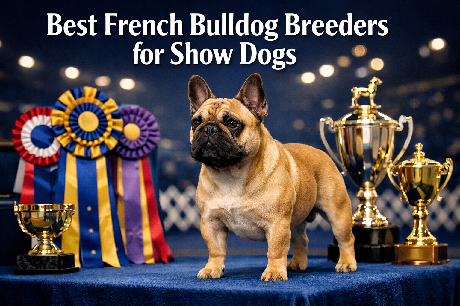 Professional landscape format (1536x1024) hero image featuring bold text overlay 'Best French Bulldog Breeders for Show Dogs' in extra large