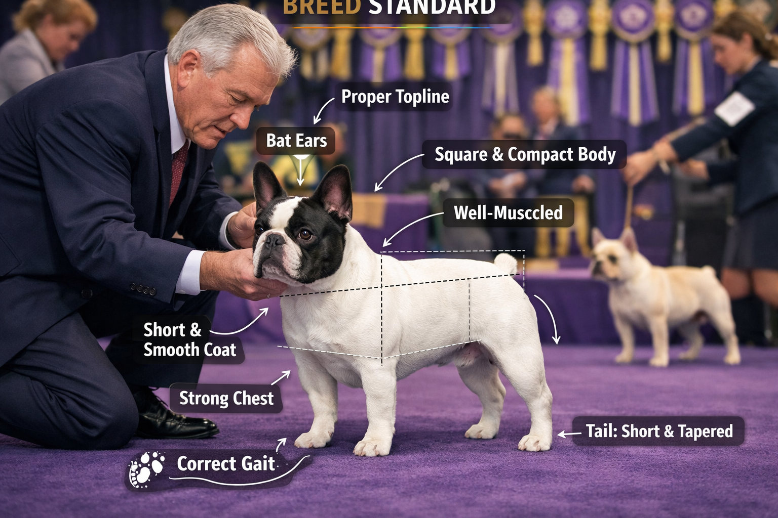 Portrait format (1024x1536) image showing professional dog show judge examining a pristine French Bulldog's conformation, with breed standar