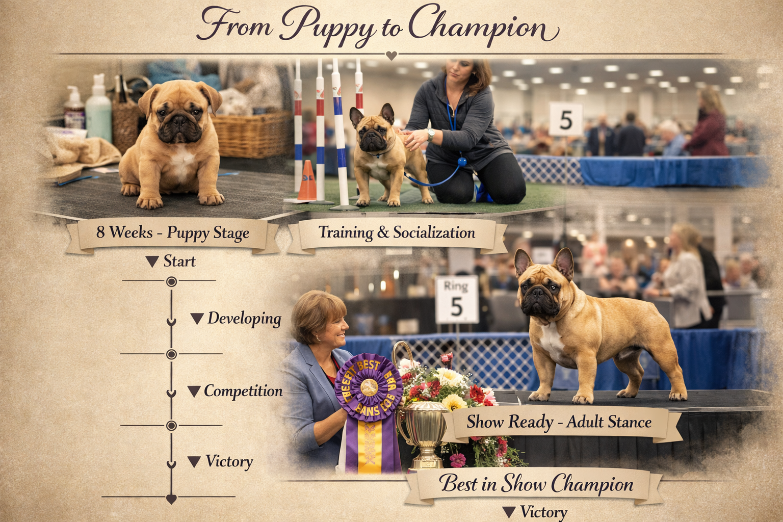 Portrait format (1024x1536) image depicting the complete show dog preparation process from puppy to champion, timeline format showing 8-week