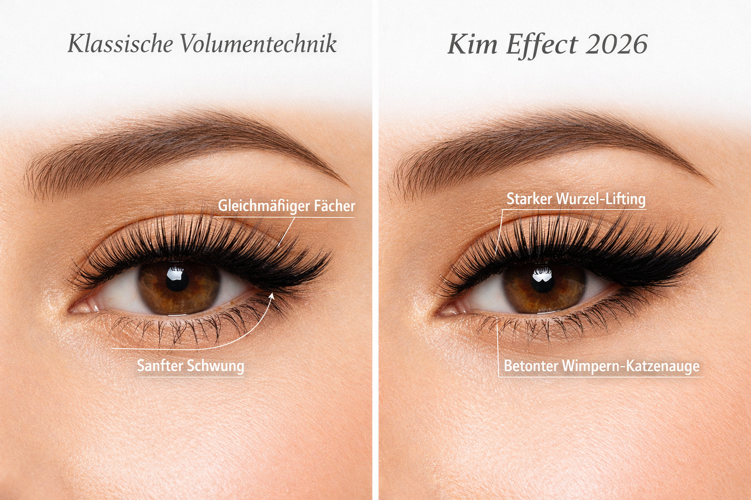 () editorial image showing side-by-side comparison of traditional volume lashes versus Kim Effect technique, split-screen
