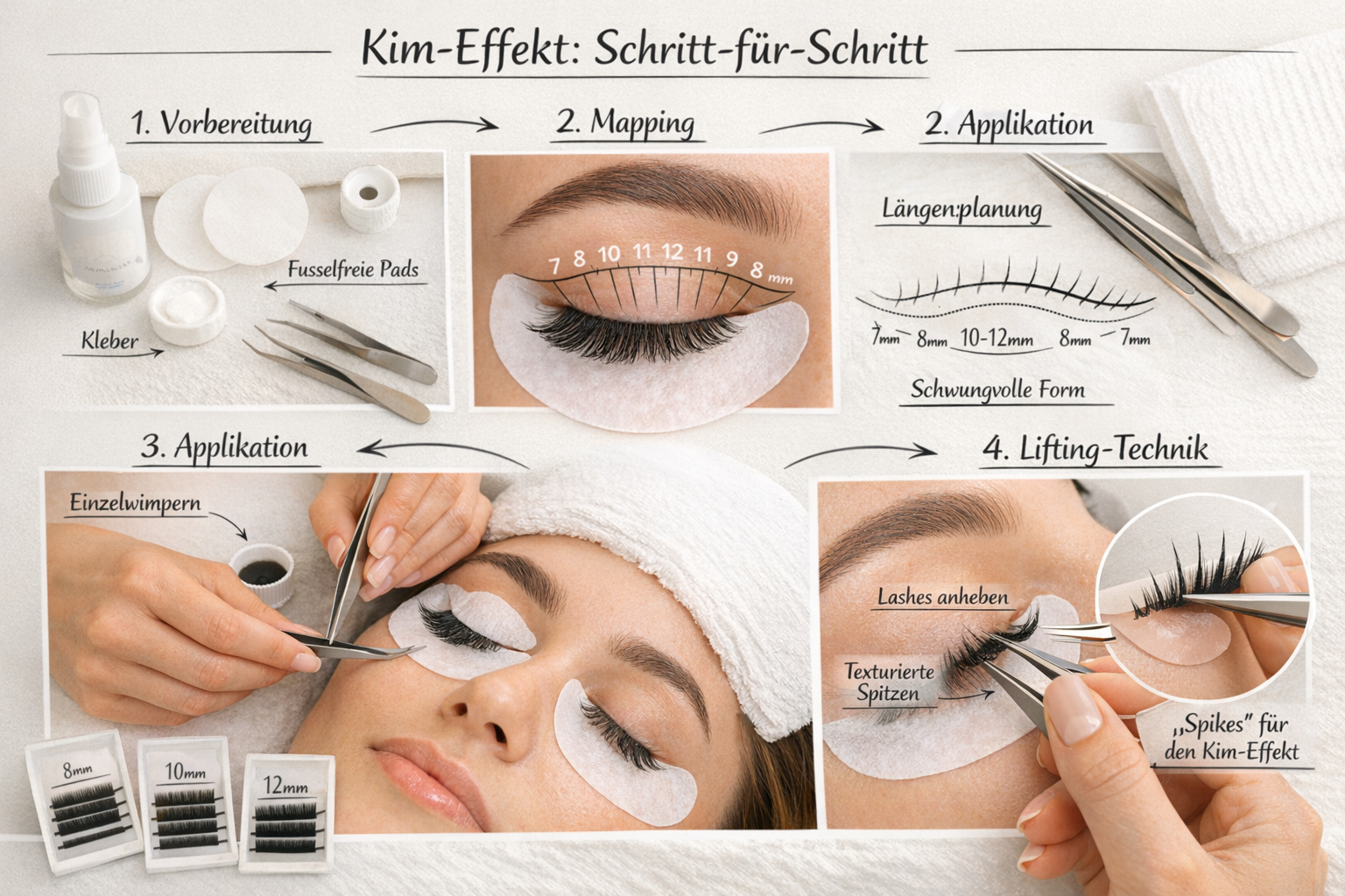 () infographic-style image showing step-by-step Kim Effect application process, overhead view of lash artist's hands working