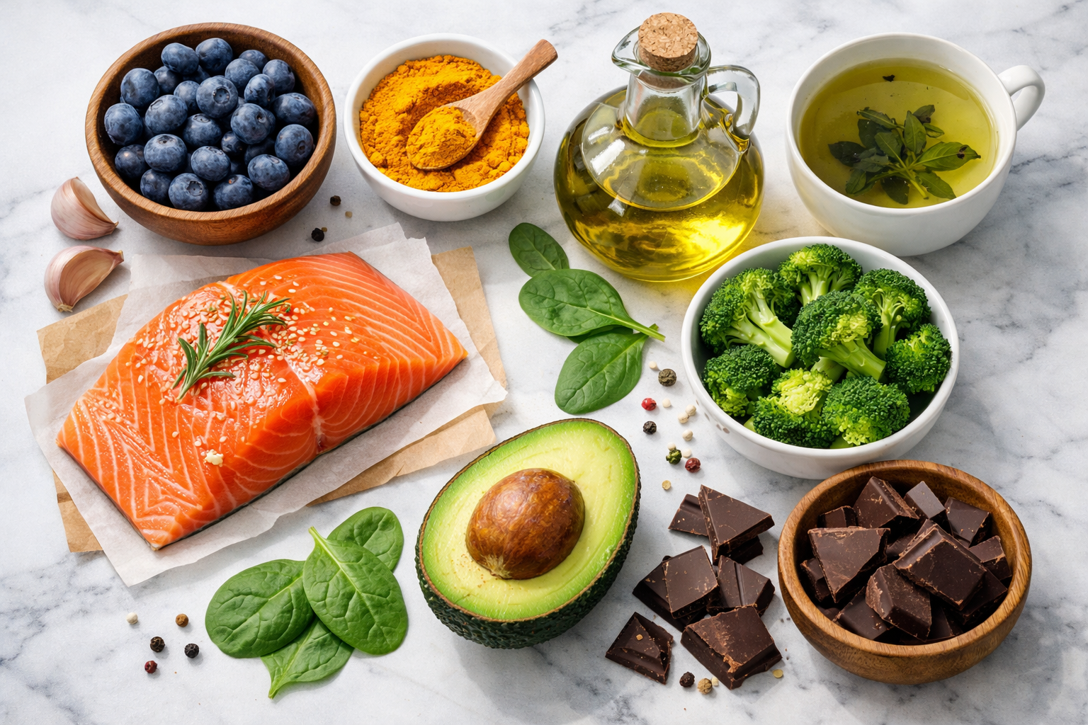 Professional hero image: colorful flat-lay of anti-inflammatory foods including salmon, blueberries, turmeric, avocado,