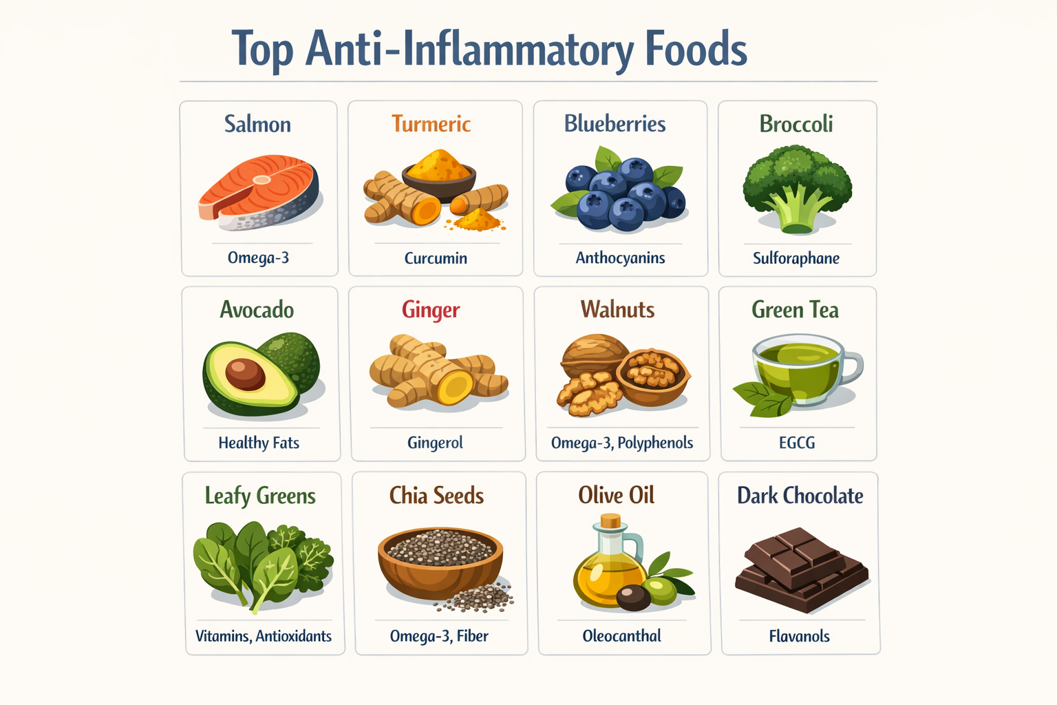 Visual guide grid of 12 top anti-inflammatory foods with icons, key active compounds listed beneath each (e.g.,